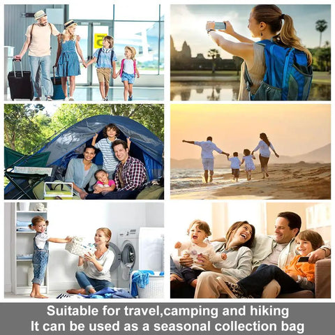 Family traveling, camping, and enjoying beach using 12 Pack Space Saver Vacuum Compression Bags For Travel No Pump Required
