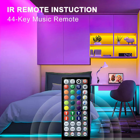 Bedroom with 32.8Ft RGB LED Strip Lights and Music Sync remote, showcasing vivid color change under cabinets and bed.