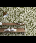 Top Notch Type II Professional Tropical Jungle Wallpaper Featuring Hella Durable Matte Finish and Subtle Linen Texture in green room setting.