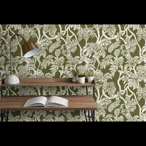 Top Notch Type II Professional Tropical Jungle Wallpaper Featuring Hella Durable Matte Finish and Subtle Linen Texture in green room setting.