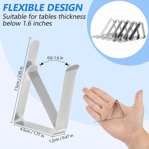 Sturdy Stainless Steel Tablecloth Clips, Rust Proof And Heavy Duty 6 Pack For Indoor Outdoor Use with size specifications.