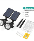 2 Pack Solar Spot Lights Outdoor Waterproof Landscape Pathway Lights With Auto On Off, 200 Lumen, packaging contents displayed