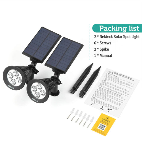 2 Pack Solar Spot Lights Outdoor Waterproof Landscape Pathway Lights With Auto On Off, 200 Lumen, packaging contents displayed
