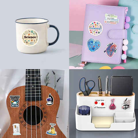 110 Piece Science Stickers Pack For Chemistry Biology Physics Fans With Assorted Fun Vinyl Decals on mug, notebook, guitar, and organizer