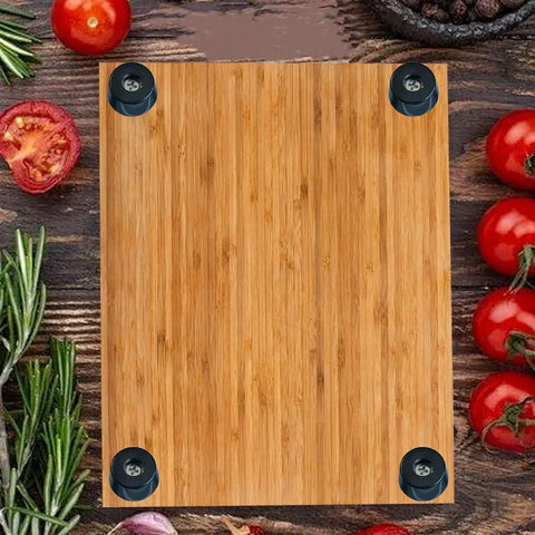 Top Shelf Non Slip Rubber Feet With Stainless Steel Screws, Heavy Duty Anti Skid Bumpers For Countertops And Cabinets, Zero Scratch Drama, Rock Solid Kitchen Savers, 20 Piece Set on a bamboo cutting board.