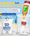 Five In One Pool Water Tester For Saltwater Pools And Hot Tubs Digital Salt And PH TDS EC Meter displaying salt level near pool