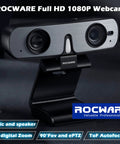 Premium 2K Webcam With Built In Speaker And Noise Canceling Mic, Straight Up Crisp Video For PC, Zoom, Teams And Streaming, Privacy Shutter, Rapid Autofocus And Low Light Setup, Front view with dual lenses and integrated mic.