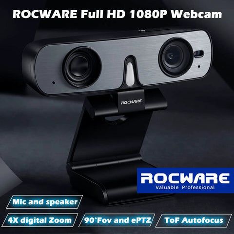 Premium 2K Webcam With Built In Speaker And Noise Canceling Mic, Straight Up Crisp Video For PC, Zoom, Teams And Streaming, Privacy Shutter, Rapid Autofocus And Low Light Setup, Front view with dual lenses and integrated mic.