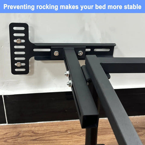 Close-up of adjustable headboard bracket for bed stability, featuring steel construction for securing frames, No More Floor Bounces Or Pesky Squeaks With These Adjustable Headboard Brackets And Universal Bed Foot Extenders For Steel Frames Quick Setup Twin Full Queen King Ready Solid Grip Guaranteed.