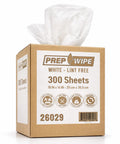 Box of Prep Wipe White Lint Free Cleaning Towels 300 Sheets 10 by 14 Inches, with one towel protruding from the top.