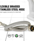 16 Inch Flexible Toilet Water Supply Line With Braided Stainless Steel Hose Connector, visible beside toilet base