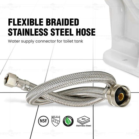 16 Inch Flexible Toilet Water Supply Line With Braided Stainless Steel Hose Connector, visible beside toilet base