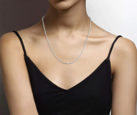 925 Sterling Silver Diamond Cut Braided Rope Chain Necklace 22 Inch Long Three Millimeter Thick worn on a black dress model