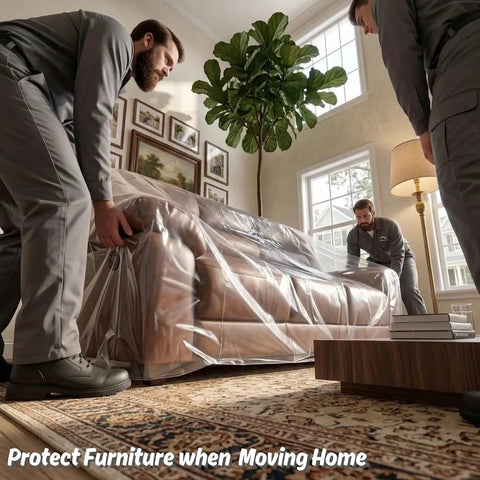 Dust Proof Moving Bag For Sofa And Boxes Clear 4Mil Virgin Plastic Odorless Heavy Duty Furniture Cover in use by movers
