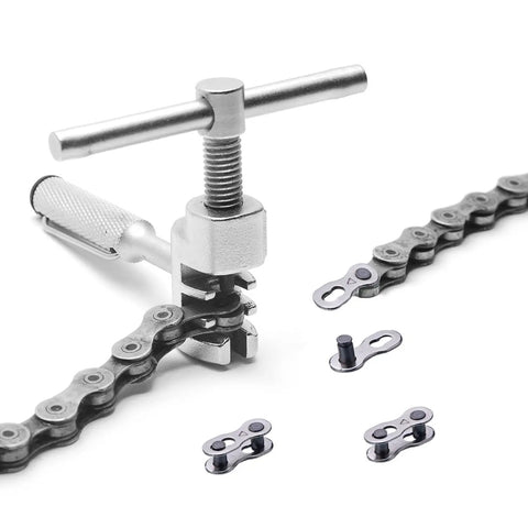 Chain tool with 8 Pack Bicycle Missing Link Master Links For 6 To 10 Speed Chains, showing silver chain connectors