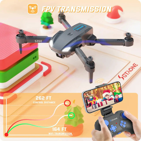 Foldable Mini Drone For Kid Friendly Fun With 1080P HD Camera And FPV Live Video hovering near remote display
