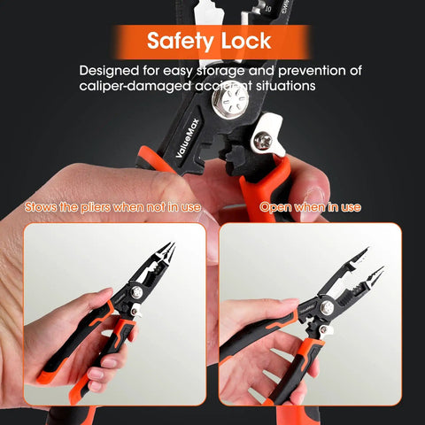 6 In 1 Wire Stripper And Crimping Tool With 8.5 Inch CR-V Steel Heavy Duty Electric Cable Cutter, safety lock feature shown