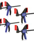 6 Inch Mini Bar Clamps For Woodworking, One Handed F Clamps And Spreaders, 4 Pack With 50 Lb Load, Throat One And A Half Inches, Screw Reverses To Convert To Spreader For Tight Glue Ups For Diyers. blue mini F clamps with red pads