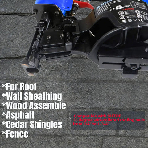 Heavy-Duty 15 Degree Roofing Nailer With Coil Magazine, Shoots Nails From 3/4 To 1-3/4 Inches, showing nail feed and magazine.