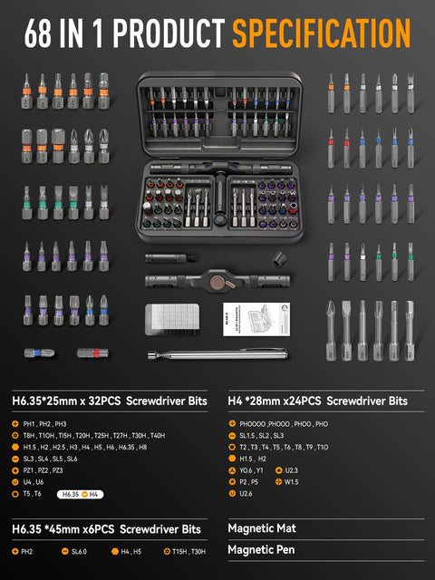 68 In 1 Magnetic Ratcheting Screwdriver Kit With Detachable T Handle Magnetic Pad And Pickup Tool Flexible Shaft For Home Repair And DIY Projects Includes 62 Bits And 4 Section Handle visible with bits and tools spread out