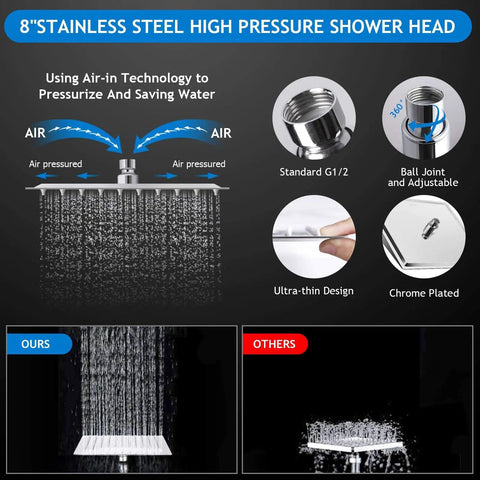 8 Inch Rain Shower Head Set With 11 Inch Adjustable Extension Arm And 5 Function Handheld Shower Head, High Pressure Spray To Beat Low Water Pressure, product features with air-in technology and ultra-thin design