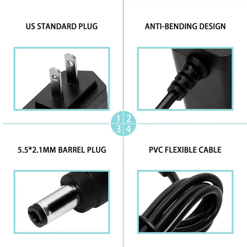 9V Power Supply Charger For Guitar Pedals That Works With Boss Roland Multi Effects And GT Series Units Includes 6 Foot Cord And Durable Design For Studio And Stage Use, showing US standard plug, anti-bending design, and flexible PVC cable.