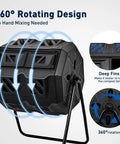 Dual Chamber Compost Bin Outdoor 43 Gallon Rotating Tumbling Composter with Sliding Doors, black design, on metal stand.