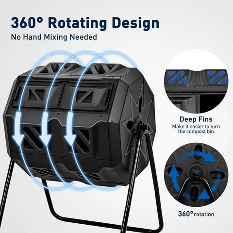 Dual Chamber Compost Bin Outdoor 43 Gallon Rotating Tumbling Composter with Sliding Doors, black design, on metal stand.
