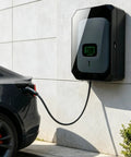 Tough As Nails Outdoor EV Charger Box With Thick Waterproof Shield And Heavy Duty Combo Lock mounted on wall next to a car.