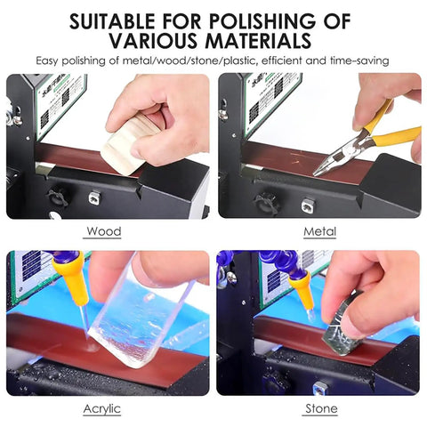 Hands demonstrating Mini Belt Sander Electric Polishing Machine For Metalworking And Wood on wood, metal, acrylic, and stone materials.