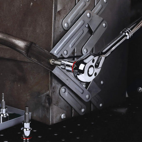 Allen Bit Socket Set For Three Eighths Inch Drive Torx Twenty One Piece Premium CRV Sockets And S2 Bits in use on metal frame