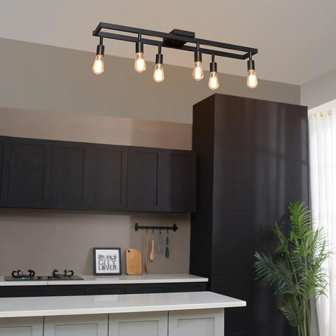 Six Light Adjustable Track Lighting Setup in Matte Black Industrial Farmhouse Style with pivoting heads in modern kitchen