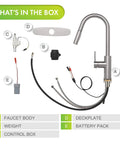 Components of Touchless Kitchen Faucet With Pull Down Sprayer Motion Sensor High Arc Spout Switchable Stream; installation parts included.