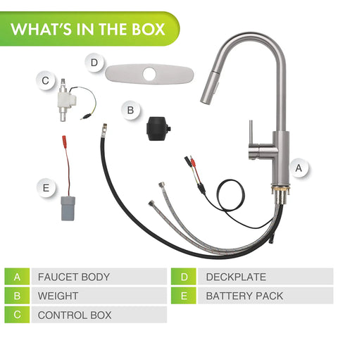 Components of Touchless Kitchen Faucet With Pull Down Sprayer Motion Sensor High Arc Spout Switchable Stream; installation parts included.