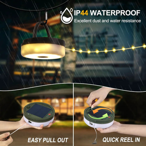 4 In 1 Solar Camping String Lights With Remote Control And Extra Long 72.2 Ft LED String 220 LEDs USB Rechargeable Solar Powered Portable Outdoor Lantern in rain showcasing IP44 waterproof feature and hand holding portable lantern component.