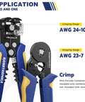 All In One Ferrule Crimping Tool Kit With Built In Automatic Wire Stripper And Ferrule Crimper For AWG 24 10 And AWG 23 7 Wires That Makes Wiring A Breeze, showing crimping and stripping ranges.