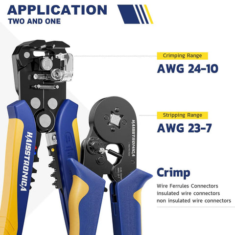 All In One Ferrule Crimping Tool Kit With Built In Automatic Wire Stripper And Ferrule Crimper For AWG 24 10 And AWG 23 7 Wires That Makes Wiring A Breeze, showing crimping and stripping ranges.