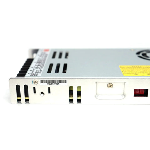 Close-up of 12V 29A 348W AC DC Switching Power Supply with Single Output, vents and protective features visible on metal casing.