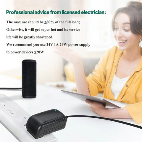 Person using No Fuss 24V 1A Power Supply Adapter 100-240V AC to 24V DC Switching Converter with electronic devices nearby