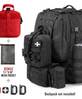 Front view of LIVANS 1000D black tactical first aid bag with MOLLE pouches and a red mini first aid pouch