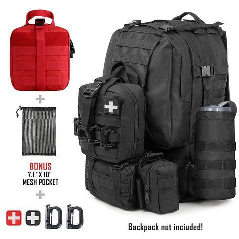 Front view of LIVANS 1000D black tactical first aid bag with MOLLE pouches and a red mini first aid pouch