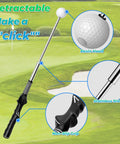 Golf Swing Trainer With Real Time Click Feedback And Retractable Club Grip showing parts and features on golf course background