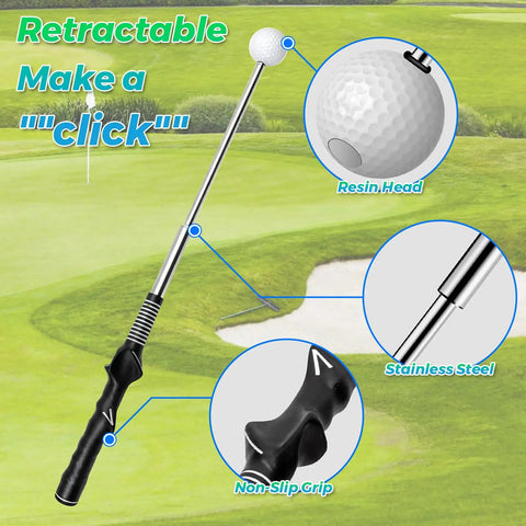 Golf Swing Trainer With Real Time Click Feedback And Retractable Club Grip showing parts and features on golf course background