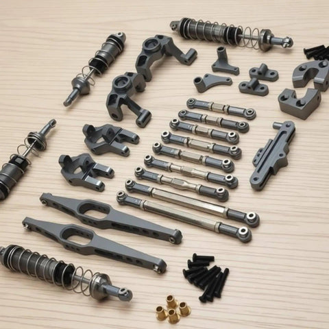 Check Out This Awesome Milageto Industrial RC Steering Linkage Kit With Metal Shock Absorbers That Make 1 2 Scale Wltoys 12429 Rock Crawlers Handle Rough Terrain Like A Champ And Drive Smooth As Butter, showing metal shock components.