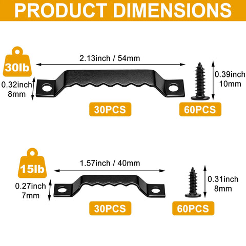 Kickass 180 Pieces Sawtooth Picture Hangers Heavy Duty Wall Hanging Kit dimensions for 30lb and 15lb hangers with screws.