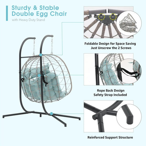Two Person Egg Swing Chair With Stand For Indoor And Outdoor Patio Wicker Rattan Hanging Chair in Light Blue with detailed features