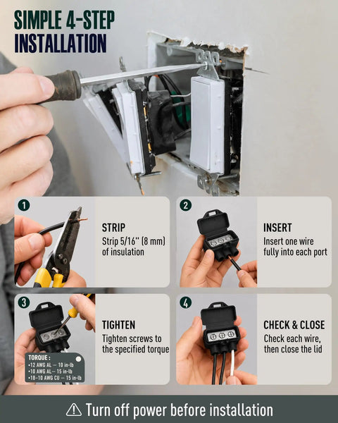 Installation guide for Hella Reliable 15 Pack 3 Port Screw Terminal Aluminum To Copper Wire Connectors With Oxide Inhibitor.