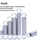 Heavy Duty Stainless Steel Tension Springs With Hooks 10 Piece Pack 10MM By 1.5MM Wire Size 45MM Length stacked in various sizes.