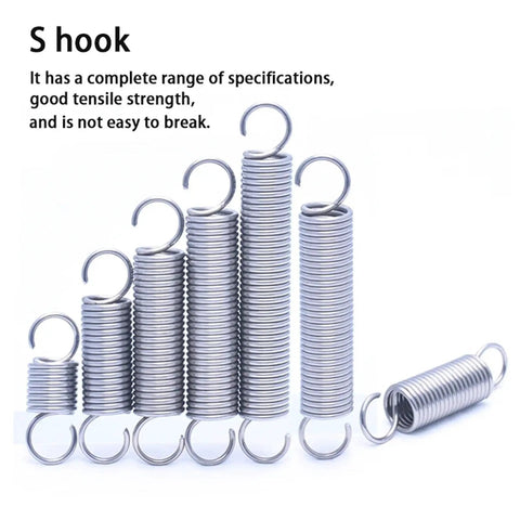 Heavy Duty Stainless Steel Tension Springs With Hooks 10 Piece Pack 10MM By 1.5MM Wire Size 45MM Length stacked in various sizes.
