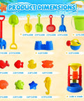 Epic 19-Piece Beach Sand Toy Set For Kids Ages 3 To 13 includes colorful tools, molds, and dimensions displayed on sand backdrop.